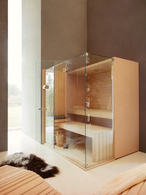 Sauna with enhanced interior for colour therapy