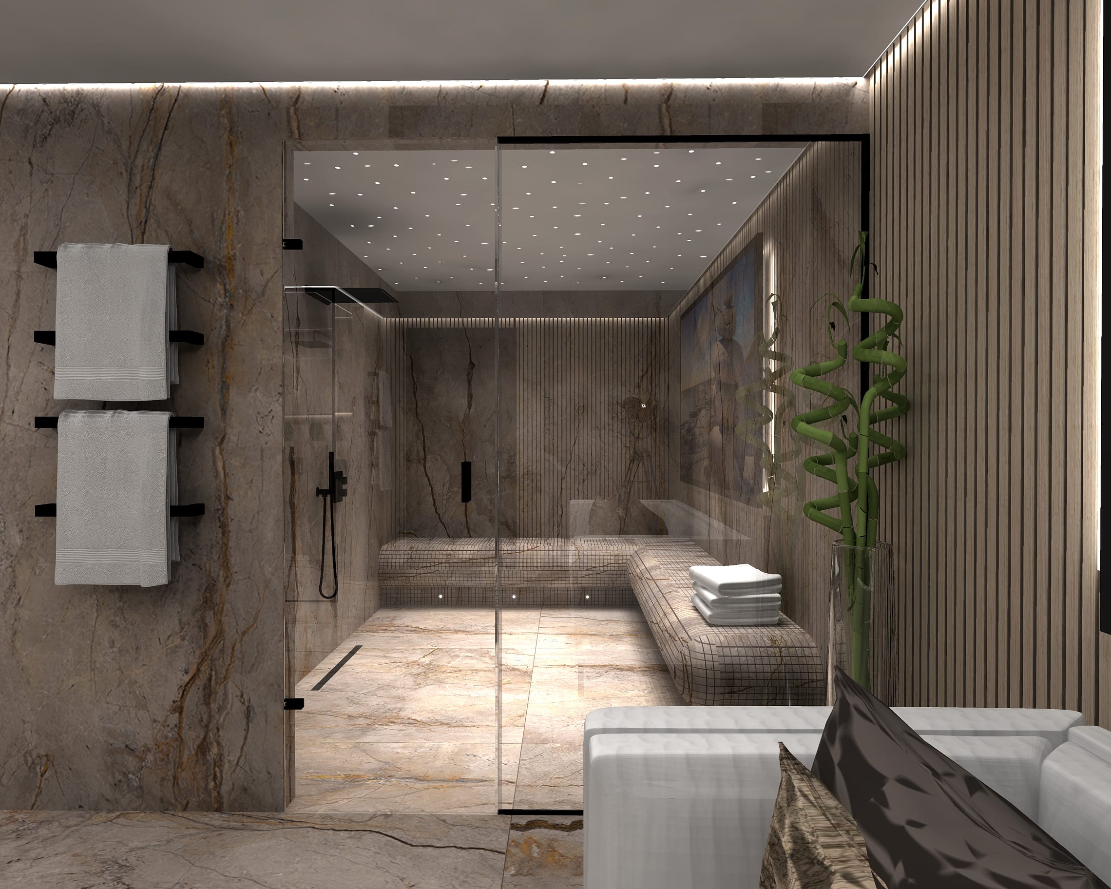 Steam shower with seating