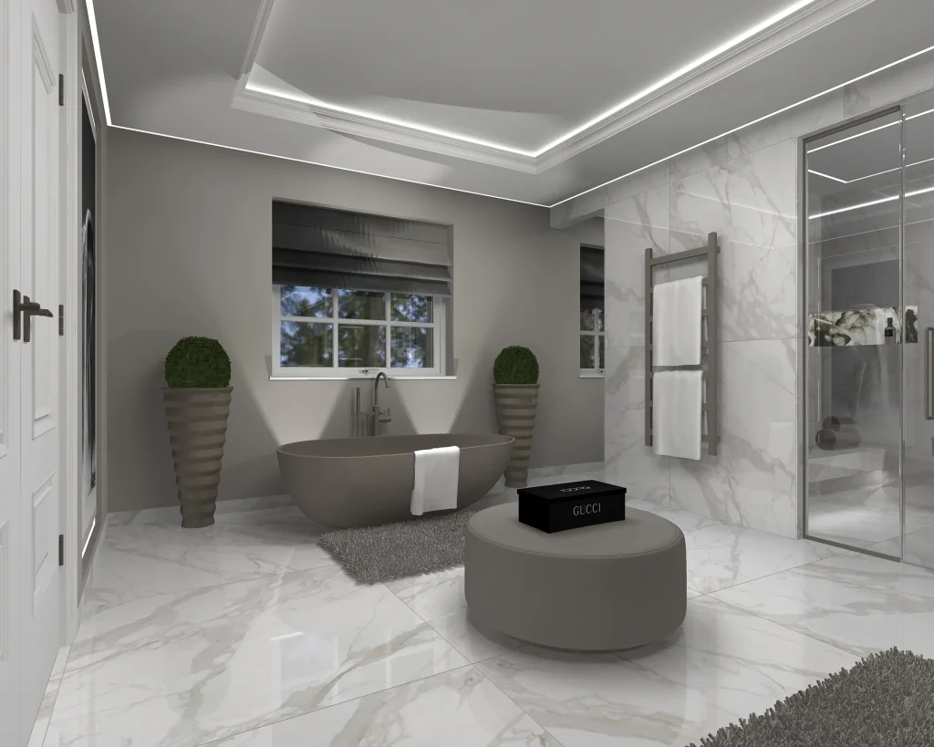Marble Bathroom with Coffered Ceiling
