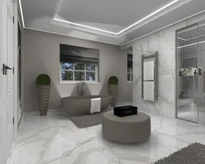 Marble Bathroom with Coffered Ceiling