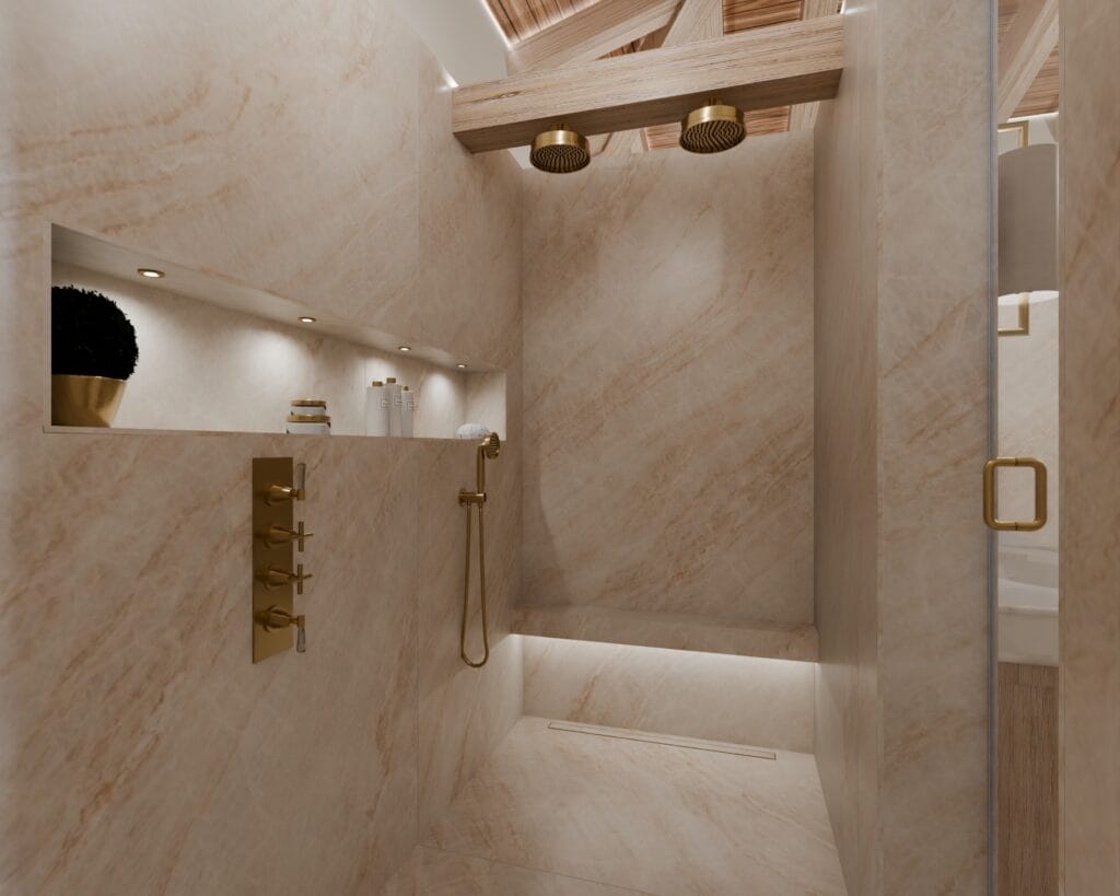 walk in shower with Taj Mahal tile slabs