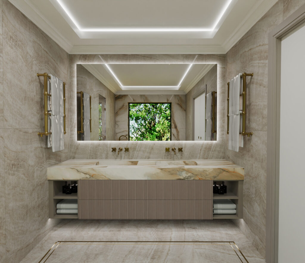 Stone and Fluted Glass Custom Vanity Unit